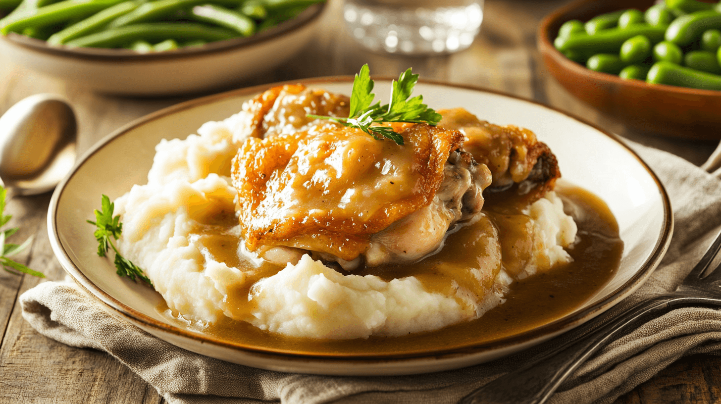 A plate of golden chicken thighs covered in creamy gravy, served with mashed potatoes.