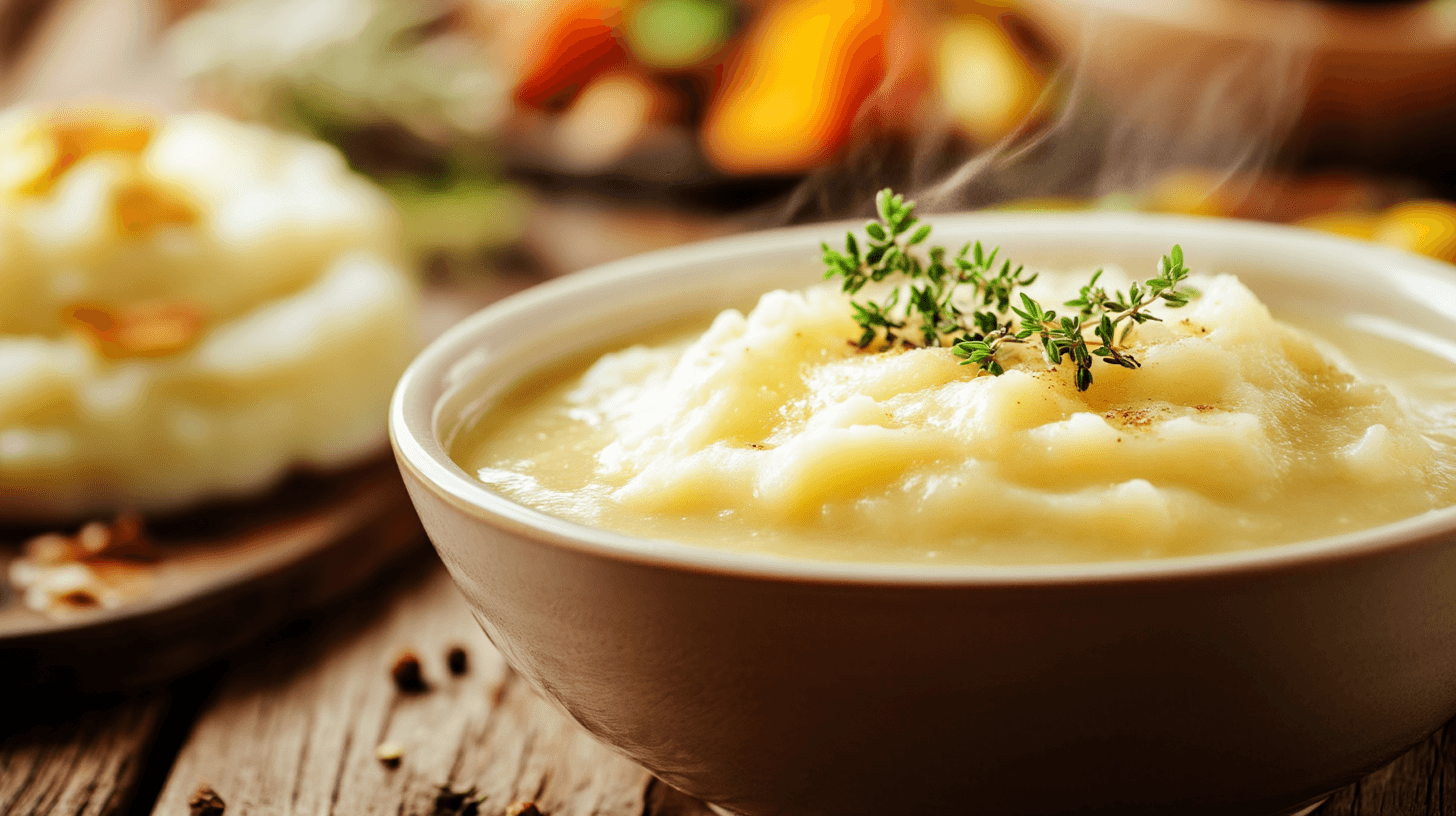 A steaming bowl of homemade gravy with a ladle.