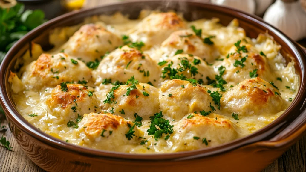 A freshly baked chicken and dumpling casserole with golden brown dumplings and creamy sauce.