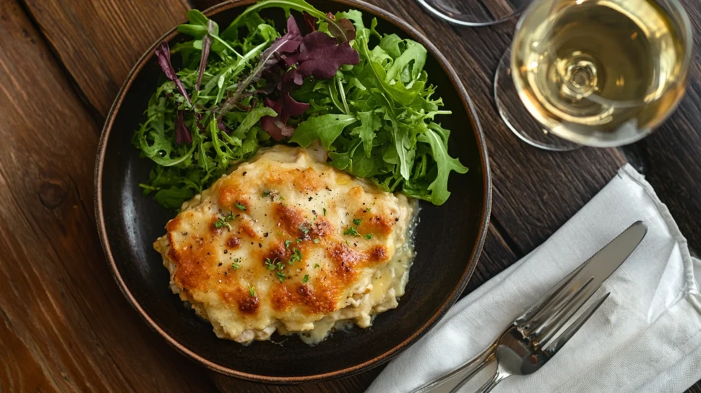 A plated serving of chicken and dumpling casserole with a side salad and a glass of white wine.