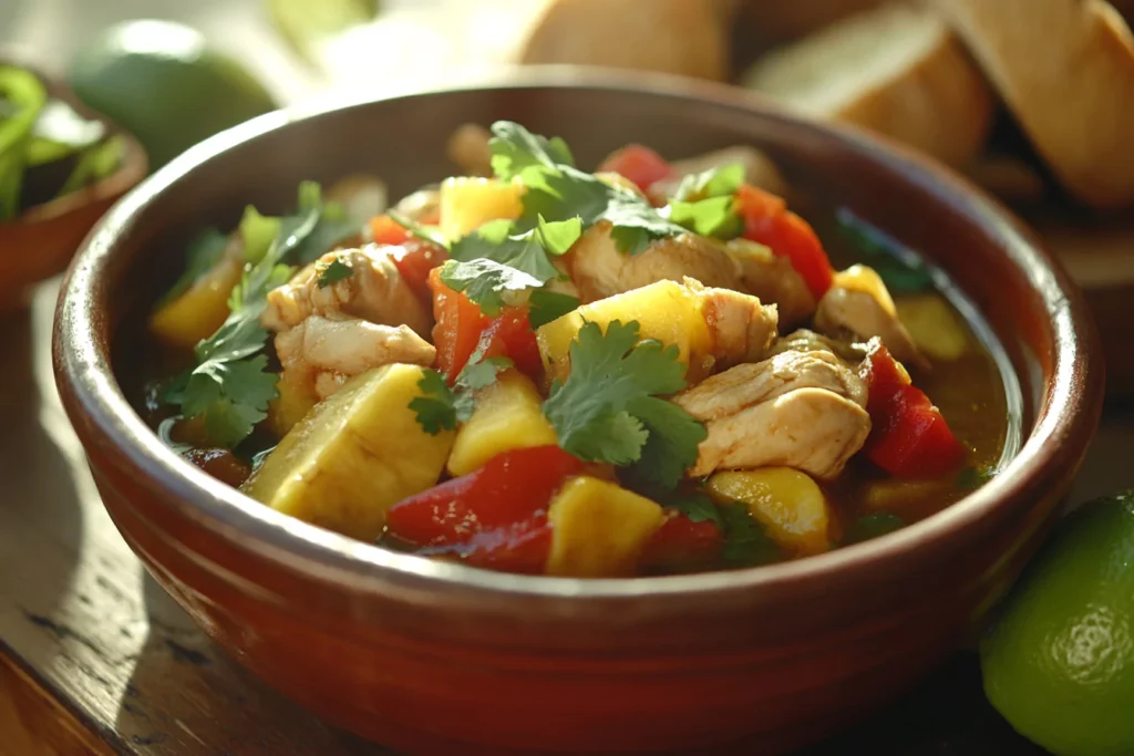 Cuban-style caldo de pollo with chicken, plantains, and fresh garnishes.