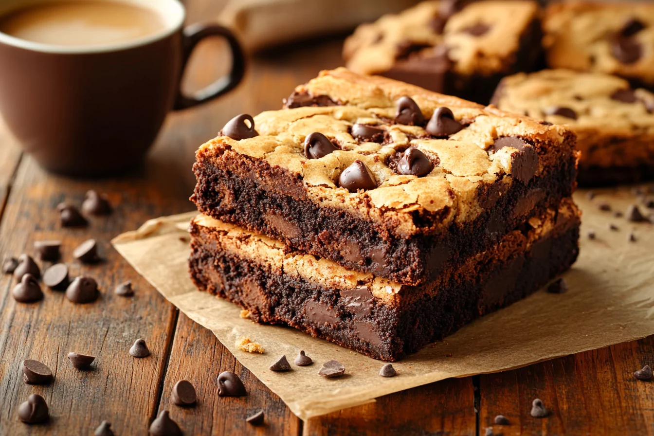 Freshly baked brookies with distinct brownie and cookie layers.