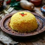 Golden crispy rice bottom served on a wooden plate.