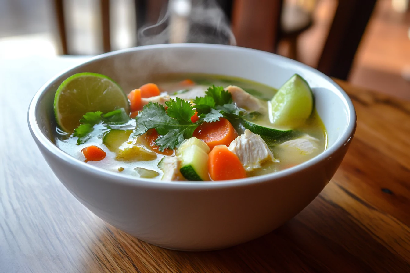 A bowl of caldo de pollo with chicken, vegetables, and lime.