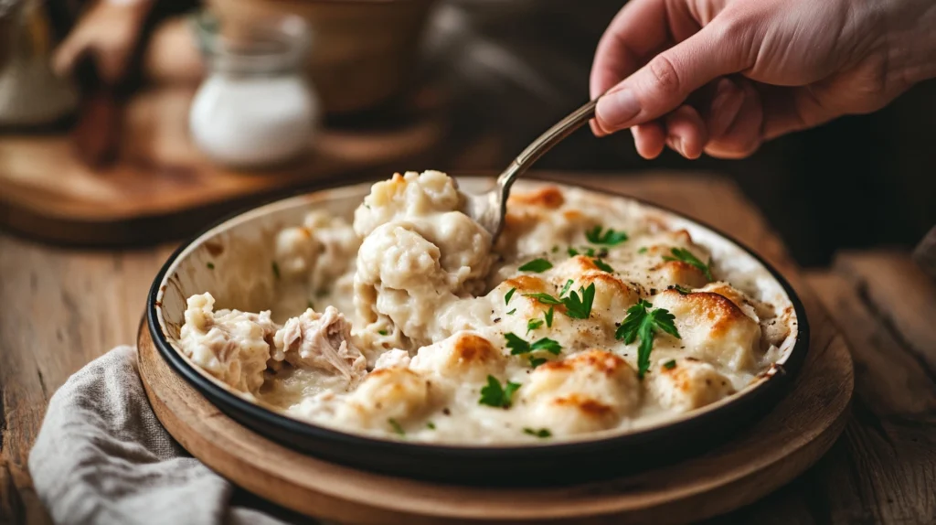 A scoop of warm chicken and dumpling casserole being served onto a plate.