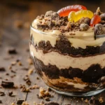 A close-up of dirt dessert with crushed cookies and gummy worms.