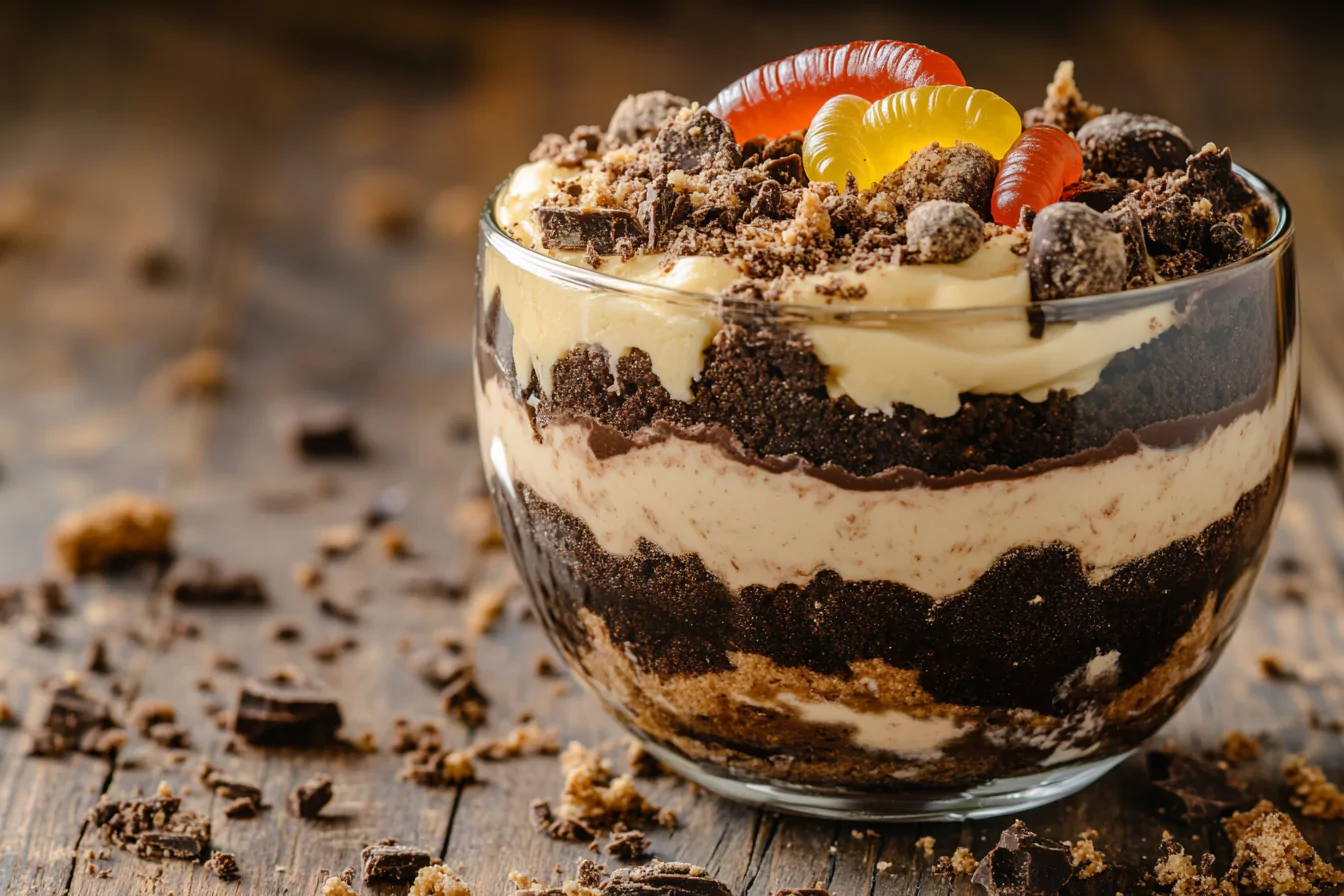 A close-up of dirt dessert with crushed cookies and gummy worms.