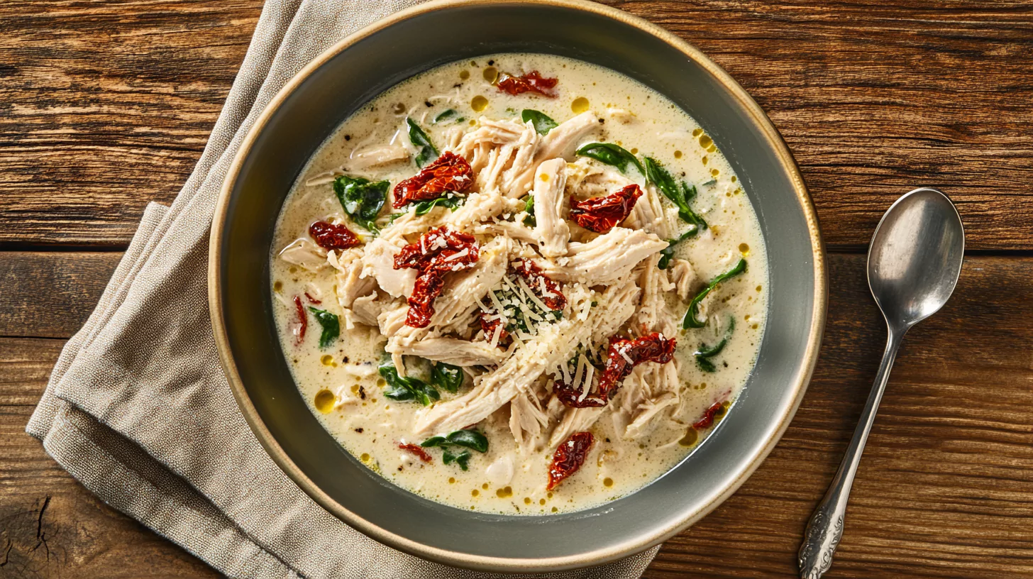 A bowl of creamy Marry Me Chicken Soup garnished with Parmesan and sun-dried tomatoes.