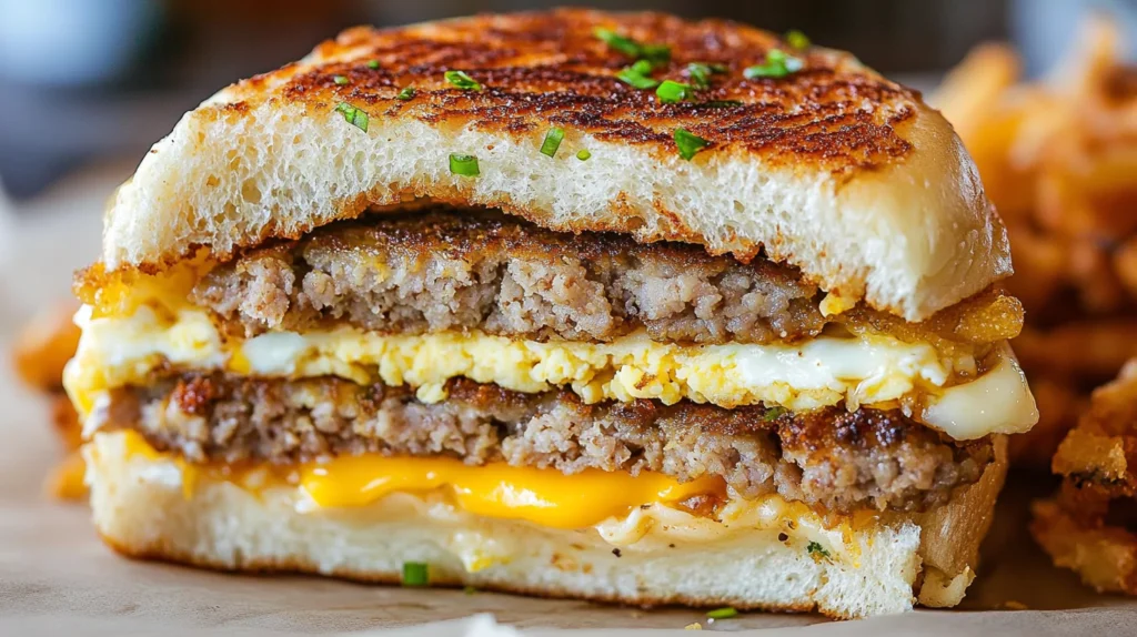 Layers of a Sausage Egg McMuffin sandwich and hash browns.
