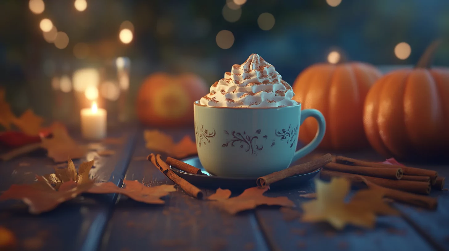 Pumpkin spice latte with whipped cream surrounded by fall decorations.