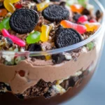 dirt pudding recipe, Dirt pudding dessert in a clear bowl with gummy worms on top.