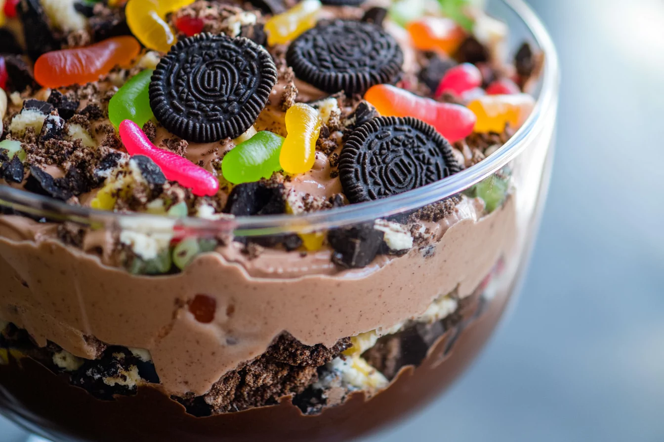 dirt pudding recipe, Dirt pudding dessert in a clear bowl with gummy worms on top.