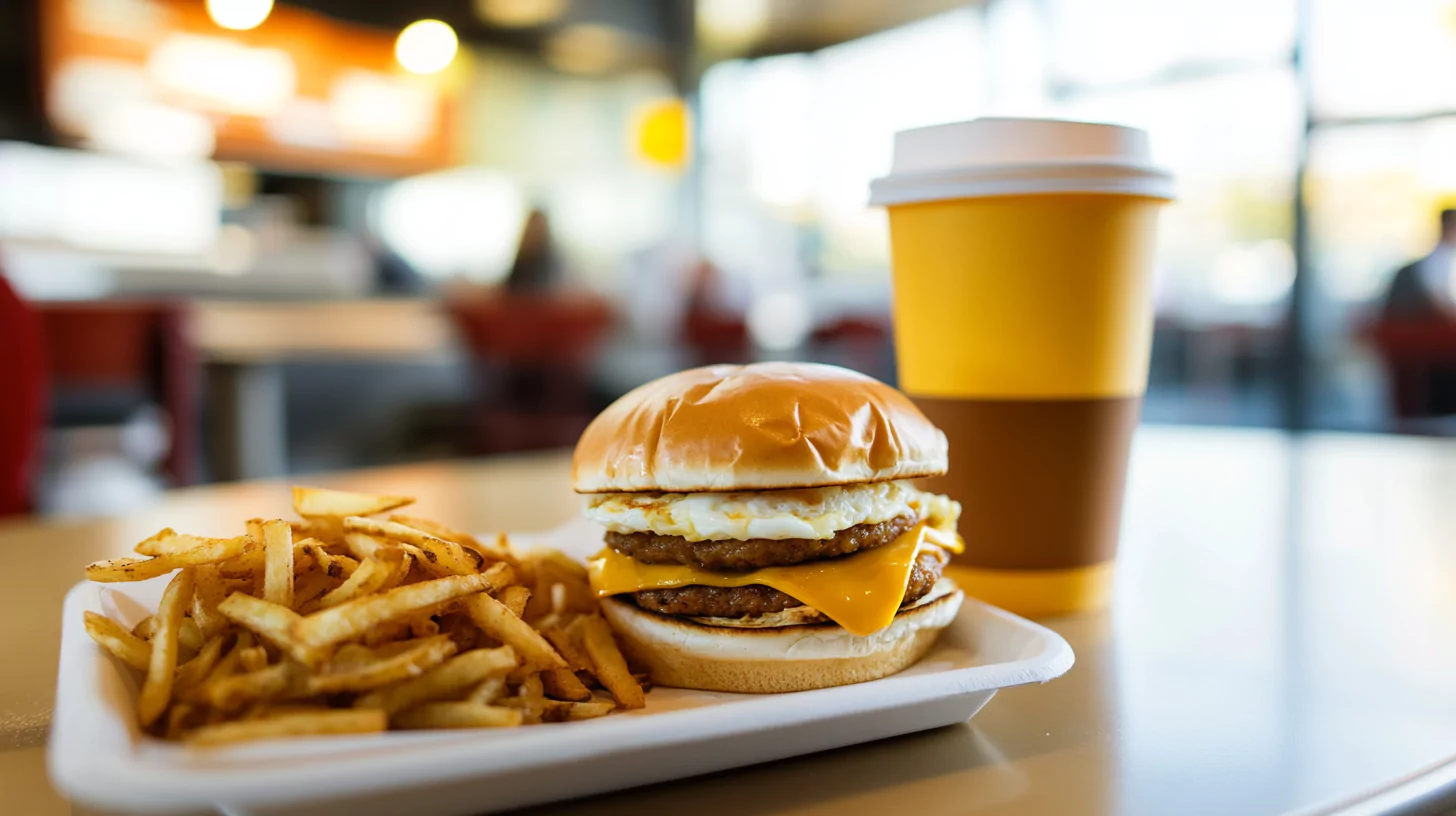 A McDonald’s Sausage Egg McMuffin meal with hash browns and coffee.