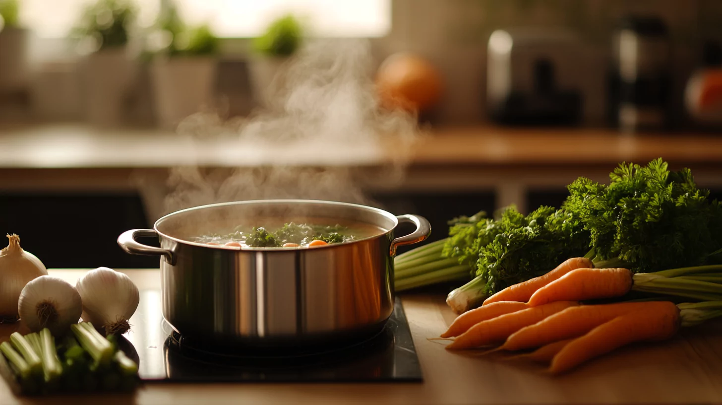 A pot of soup simmering on a stove in a warm, inviting kitchen.