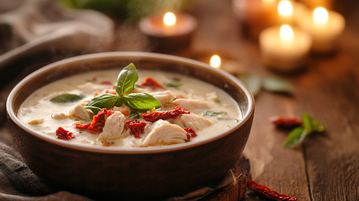 Bowl of creamy Marry Me Soup with romantic ambiance.