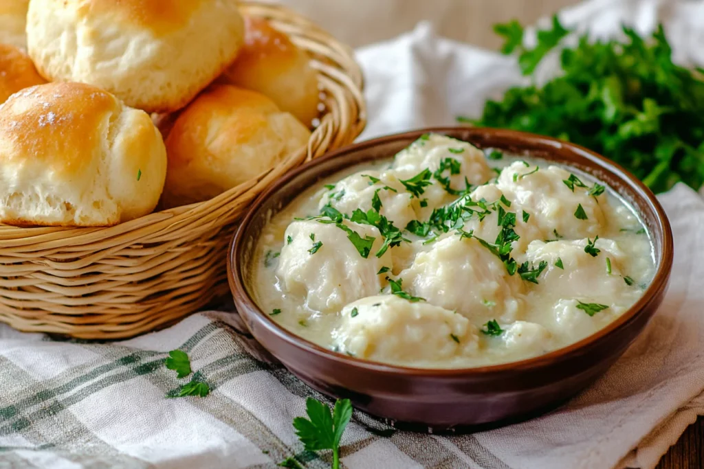 Buttery dinner rolls served with chicken and dumplings.