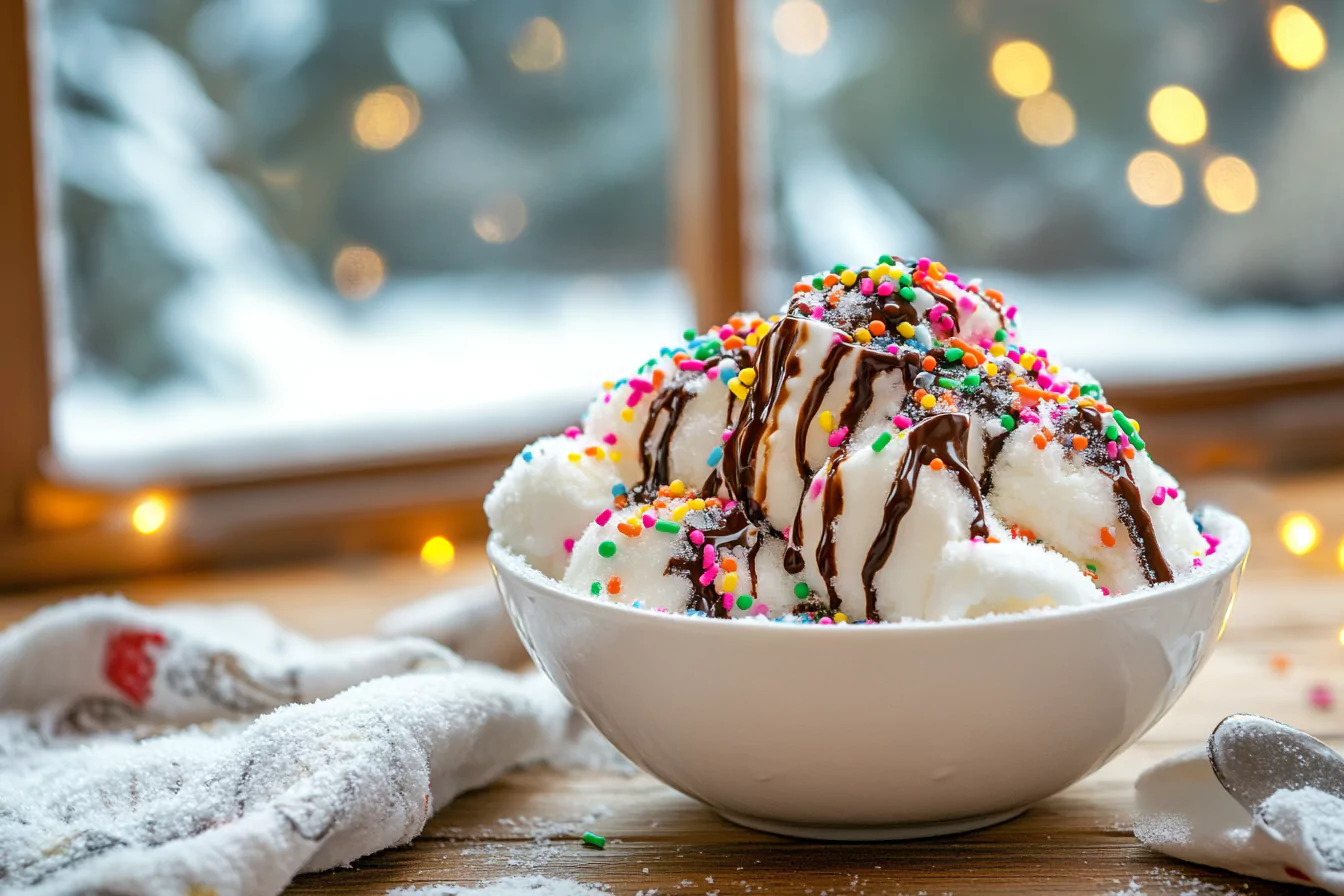 A bowl of homemade snow ice cream with sprinkles and chocolate syrup.