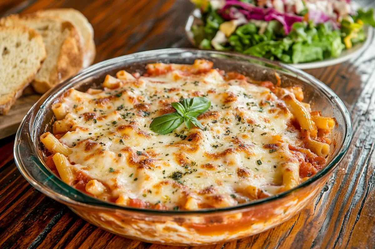 A perfectly baked ziti with golden cheese and fresh basil.