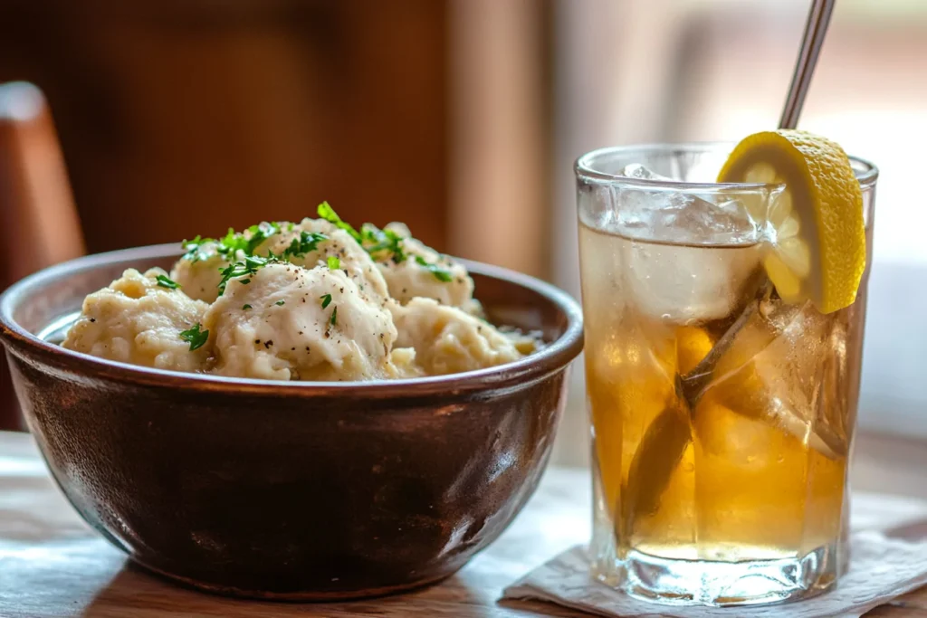 Sweet tea served alongside chicken and dumplings.