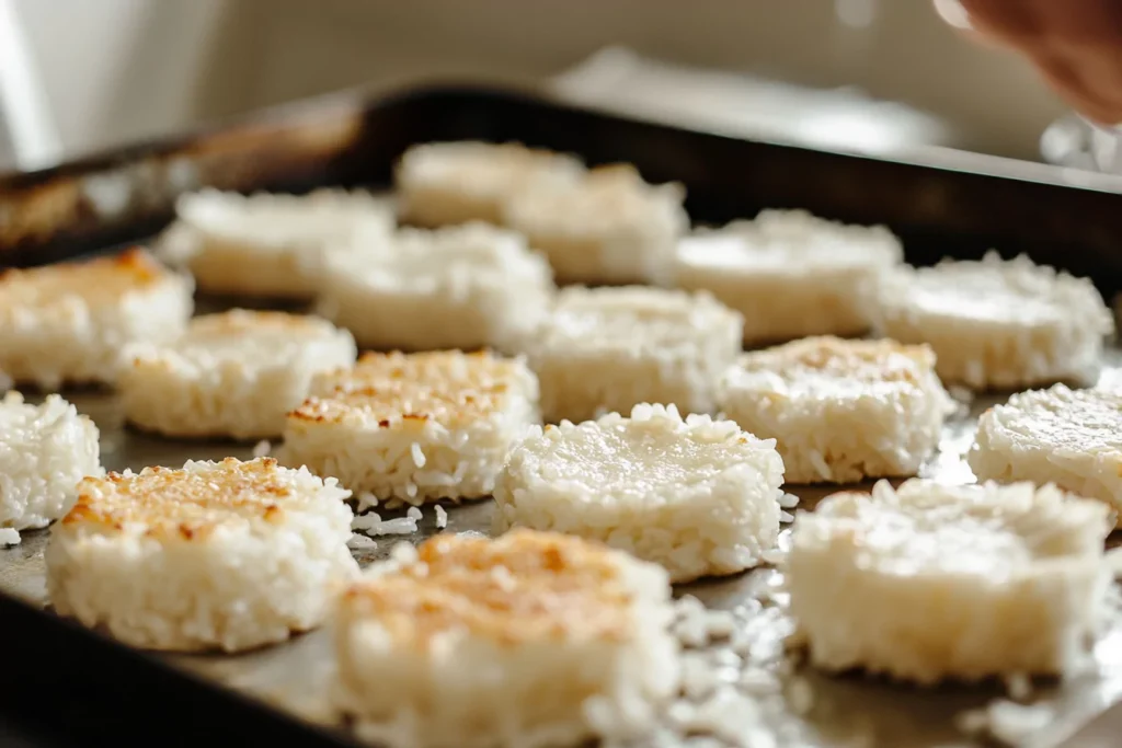 Rice being shaped and crisped in a pan for crispy rice preparation.
