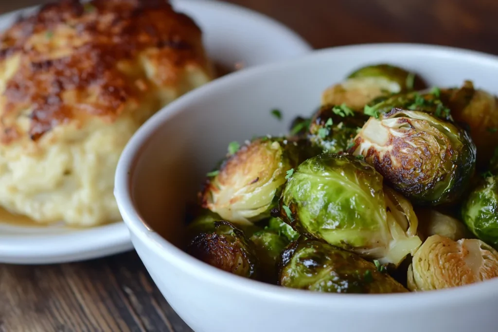 Roasted Brussels sprouts served with chicken and dumplings.