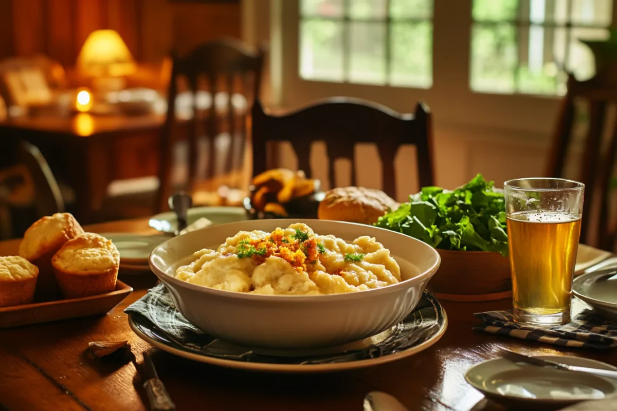 Chicken and dumplings served with a variety of side dishes.