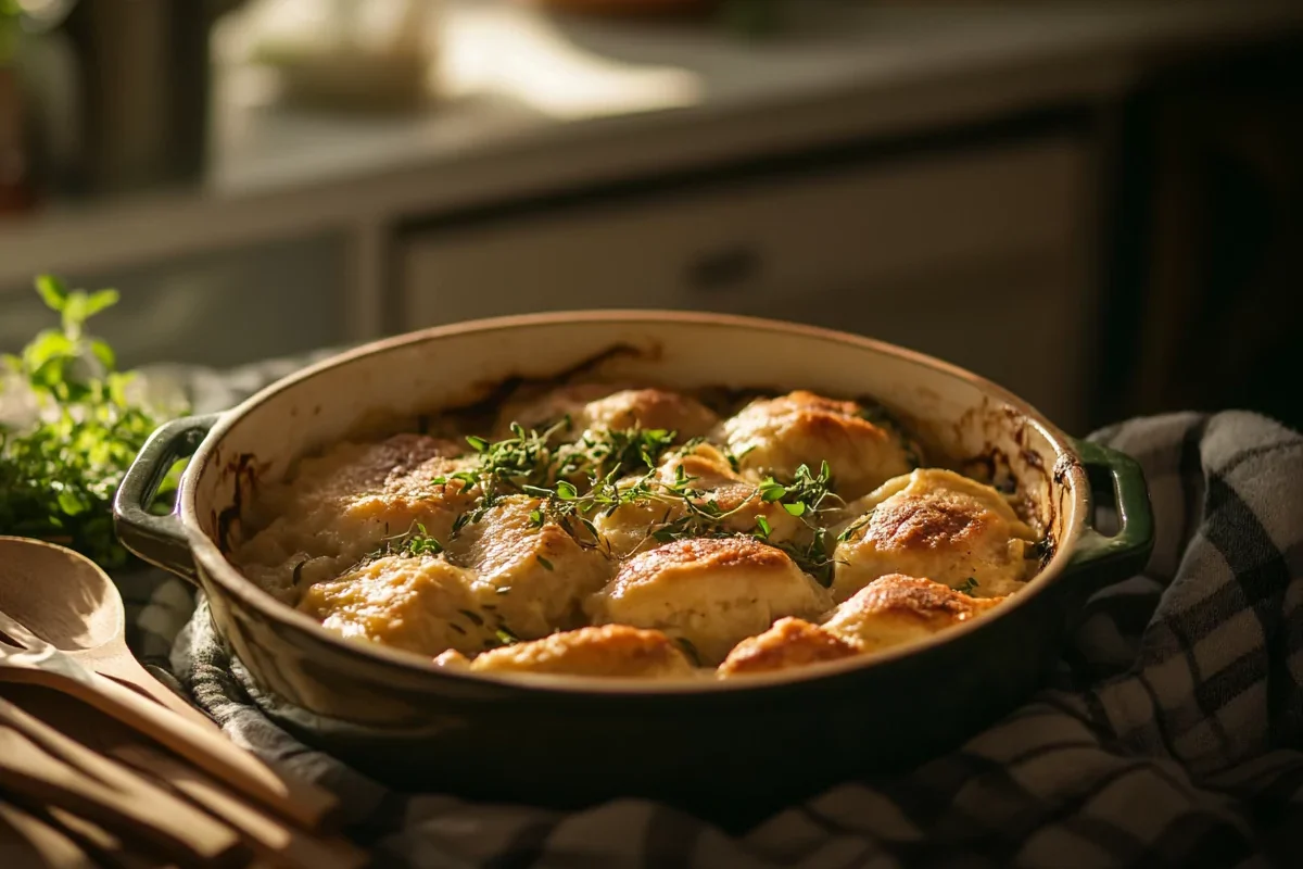 A freshly baked chicken and dumpling casserole in a rustic dish.