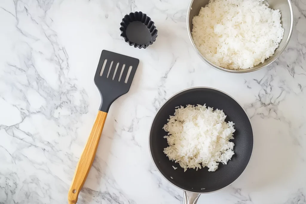 Essential tools for making crispy rice, including a pan, molds, and spatula.