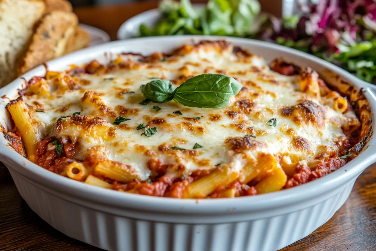 Freshly baked ziti without meat garnished with basil.