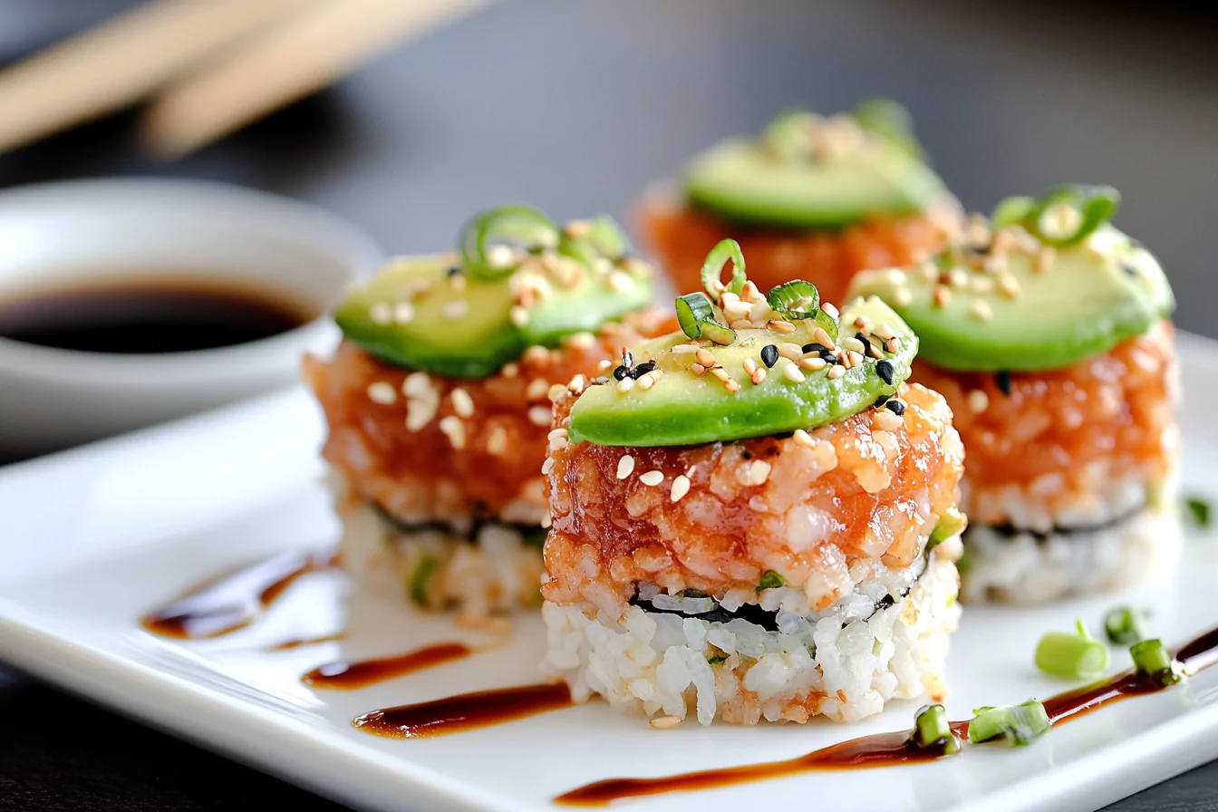 Plate of crispy rice with gourmet toppings like spicy tuna and avocado.