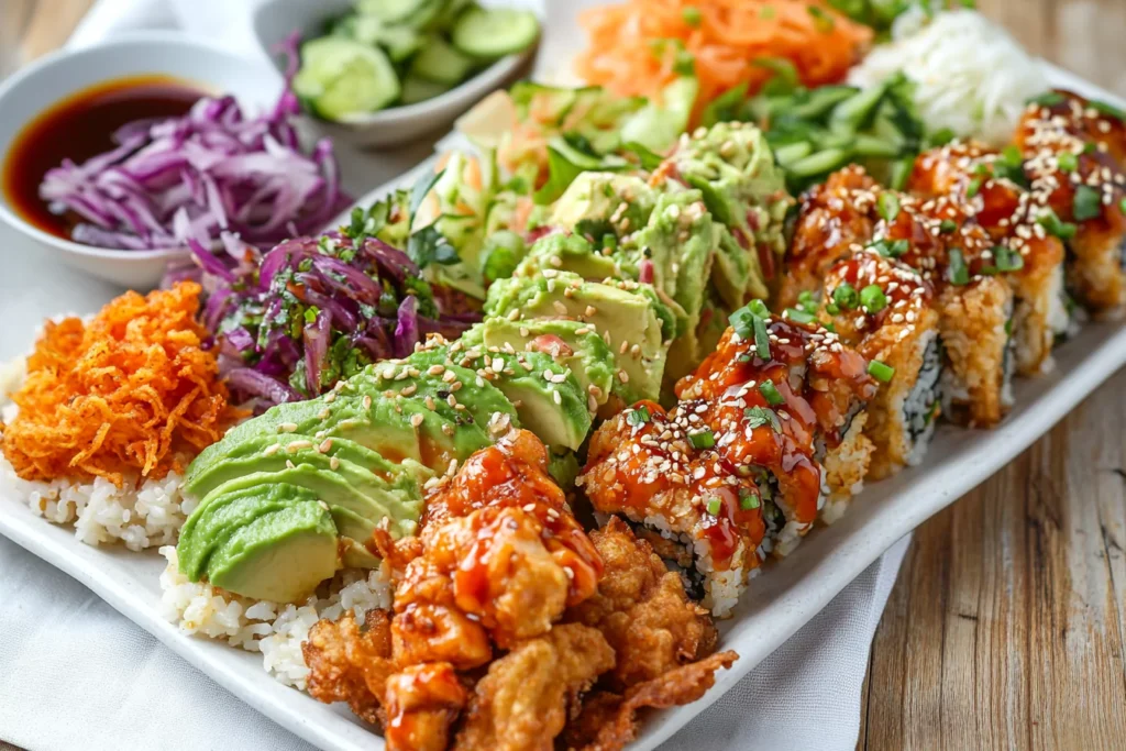 Different variations of crispy rice with creative toppings