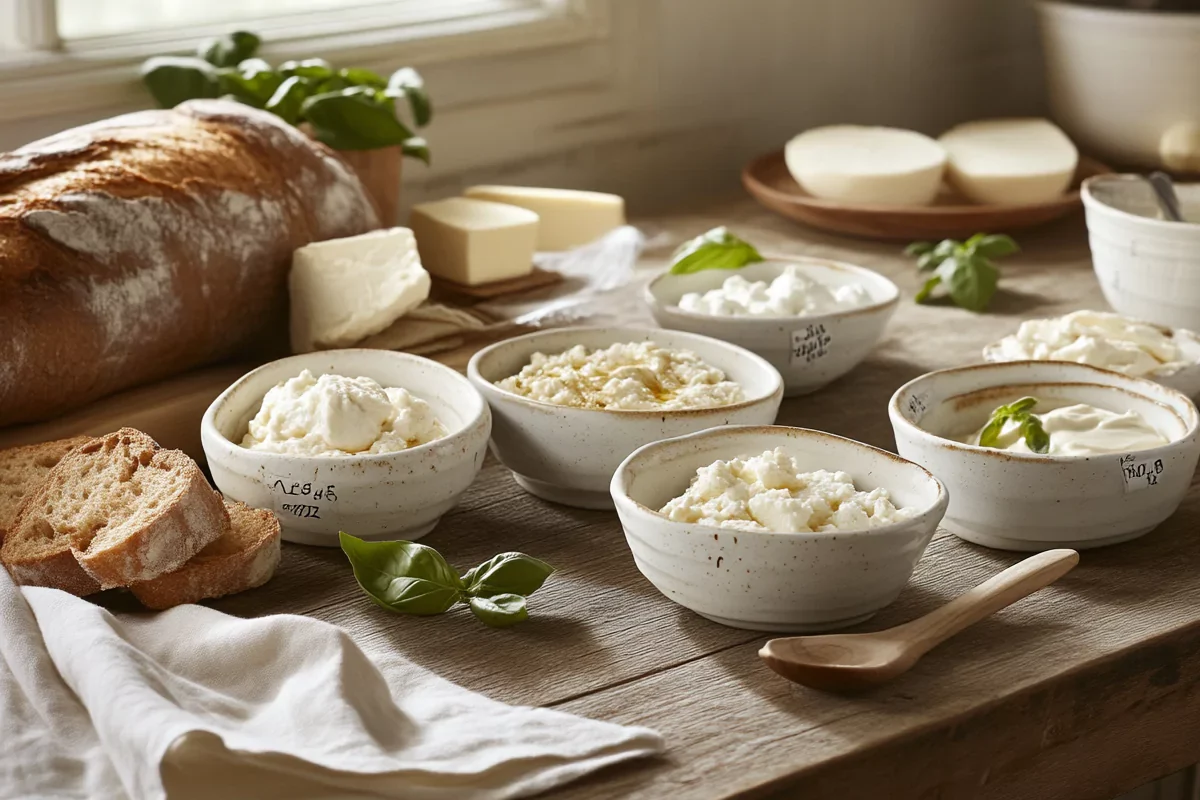 A variety of ricotta cheese substitutes on a wooden countertop.