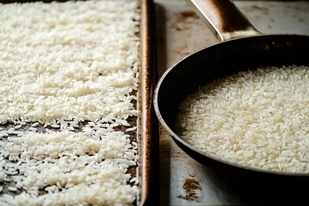 Homemade crisped rice being dried and fried step by step.