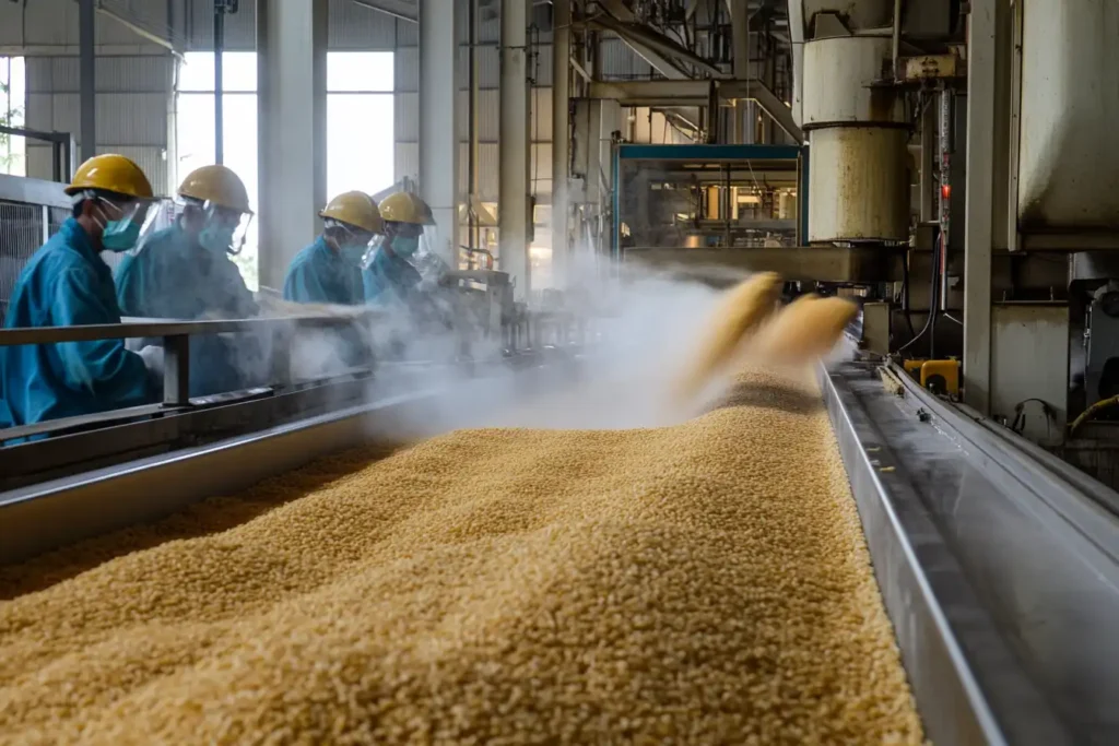 Industrial process of making crisped rice, showing machinery and workers