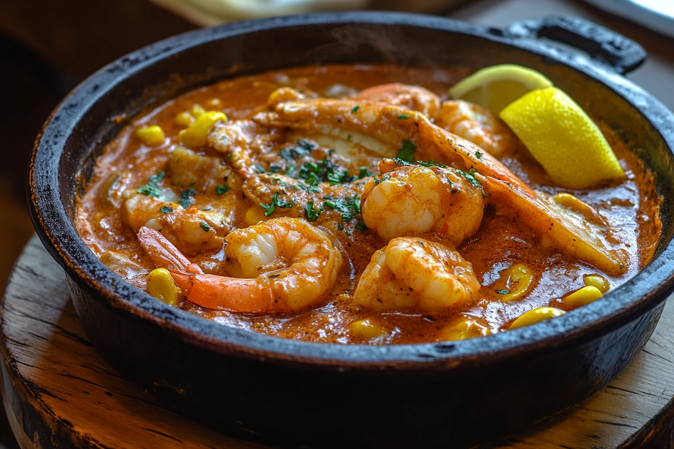 A close-up of a seafood boil drenched in a buttery, spicy sauce, featuring shrimp, crab legs, and corn, served in a black cast-iron bowl.