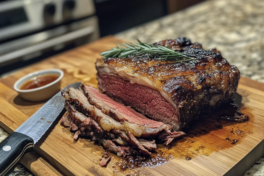 Sliced slow cooker prime rib on a wooden cutting board.