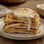 A stack of fluffy cinnamon roll pancakes with a rich cinnamon swirl, drizzled with creamy cream cheese glaze, served on a rustic plate.