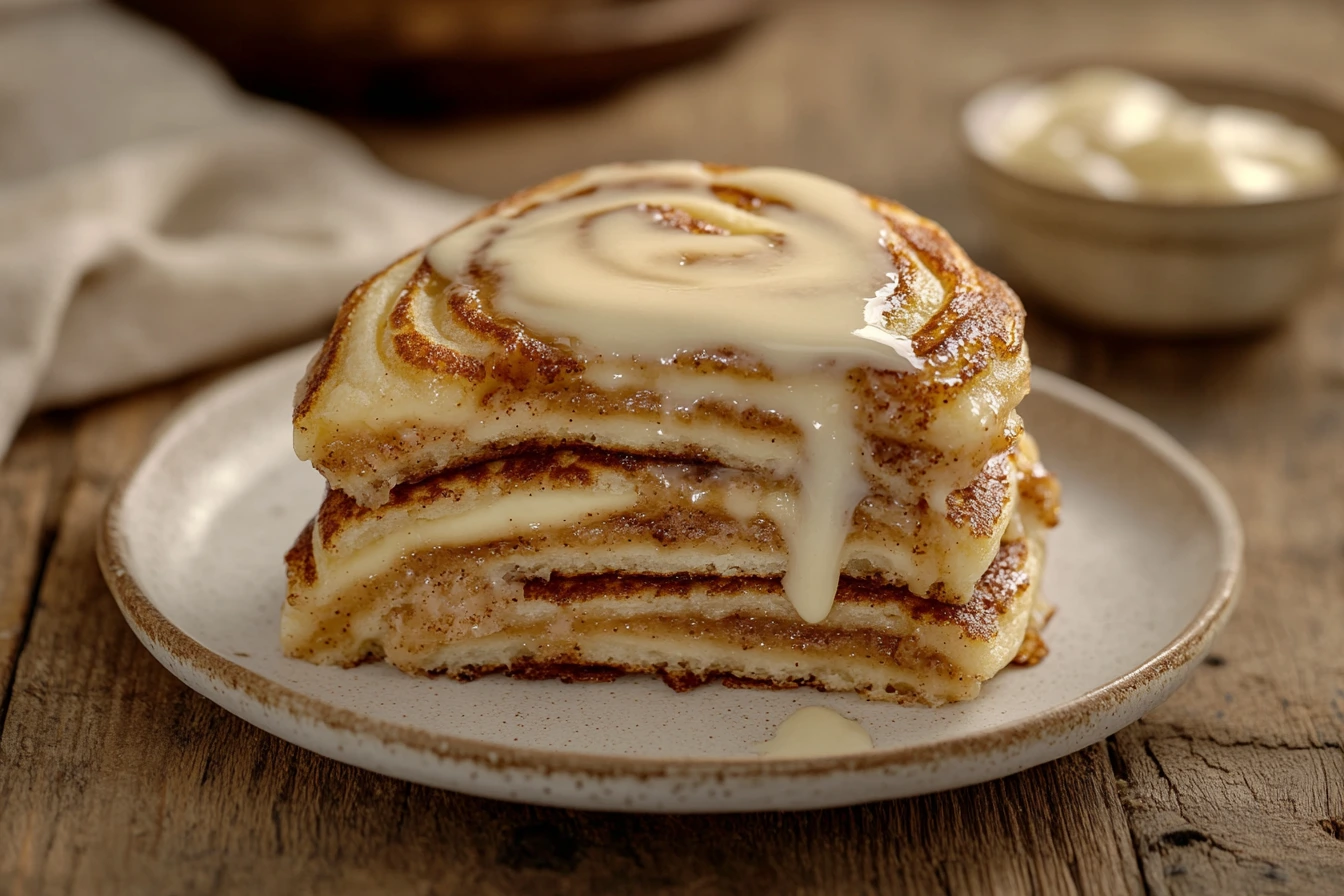 A stack of fluffy cinnamon roll pancakes with a rich cinnamon swirl, drizzled with creamy cream cheese glaze, served on a rustic plate.