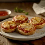 English muffin pizzas with melted cheese and pepperoni on a white plate.