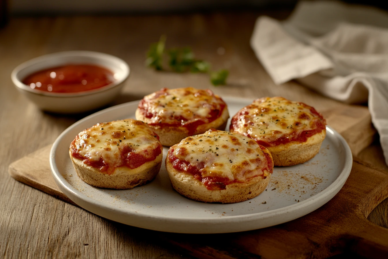 English muffin pizzas with melted cheese and pepperoni on a white plate.