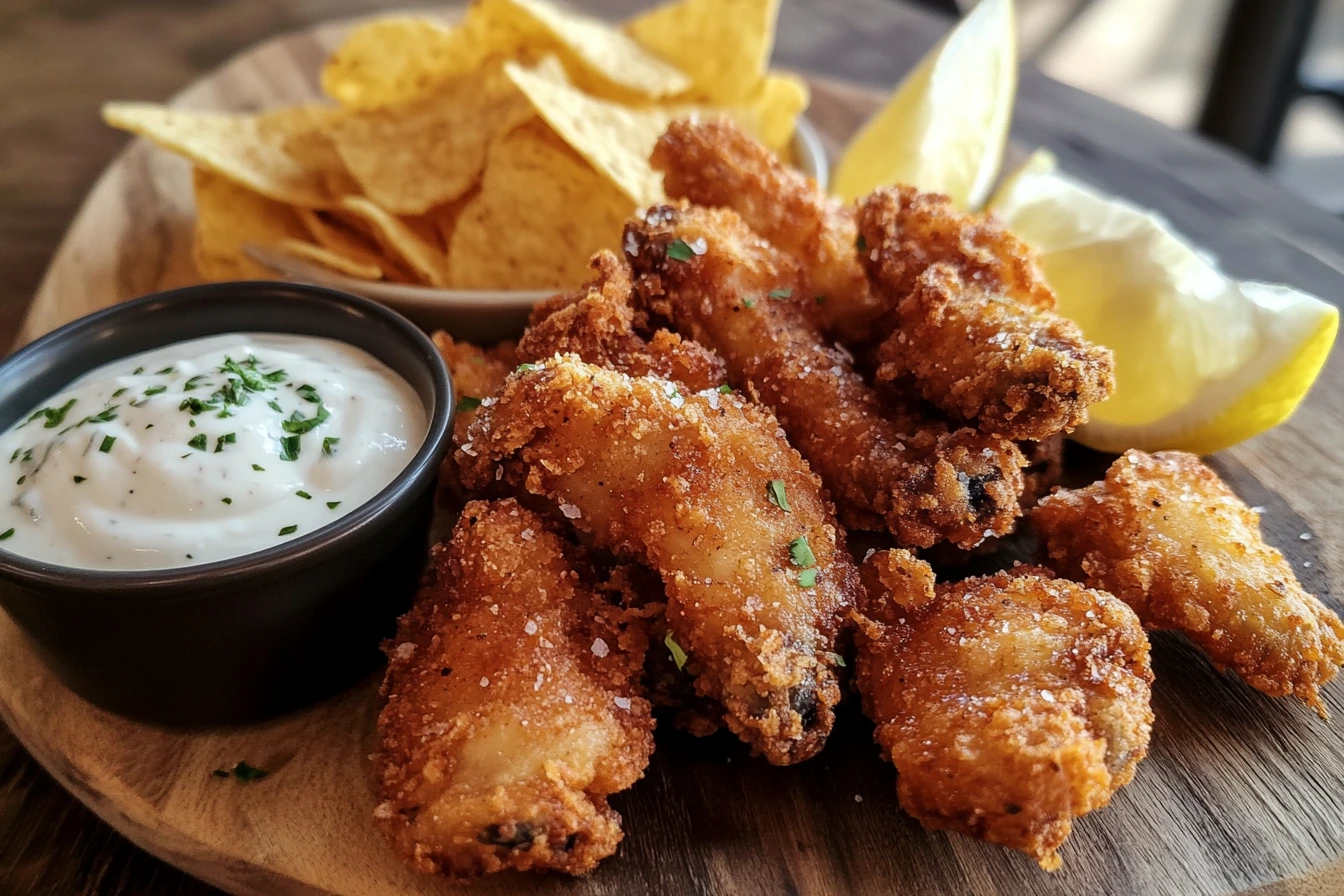 A plate of crispy golden salt and vinegar wings with a side of ranch dressing and lemon wedges.