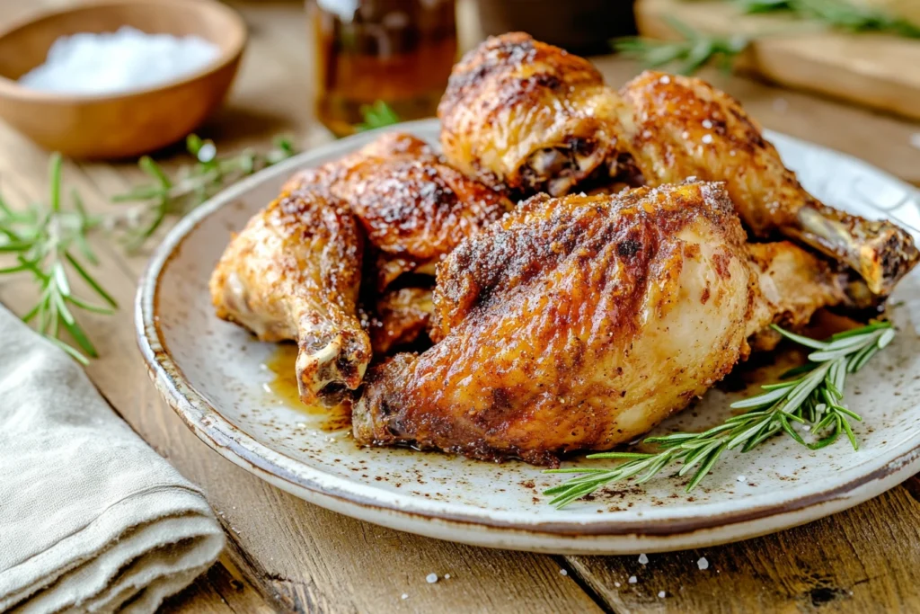 A beautifully plated serving of crispy vinegar and salt roasted chicken with golden, crispy skin, placed on a rustic white ceramic plate.