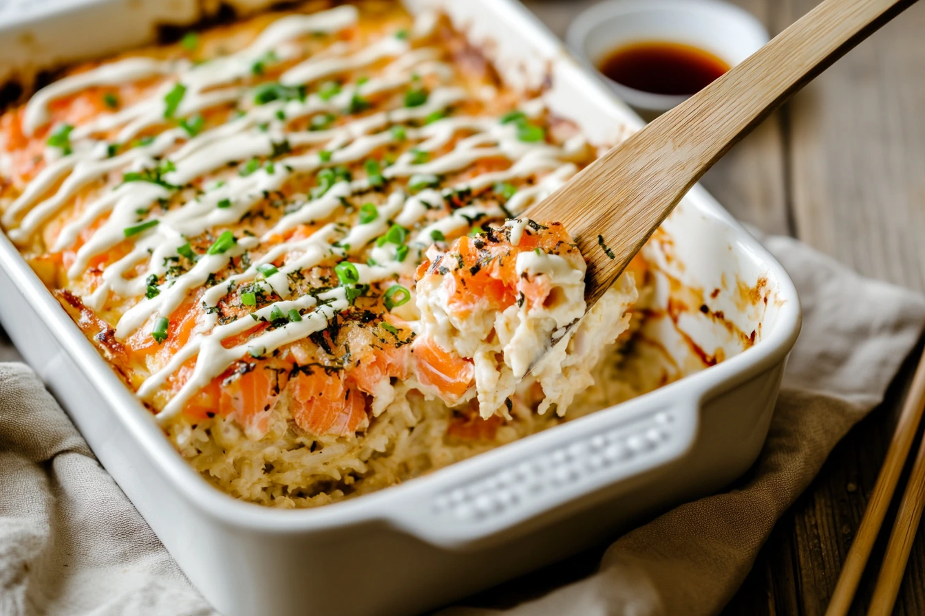 Close-up of a freshly baked sushi bake made with canned salmon, topped with furikake, Japanese mayo, and green onions.