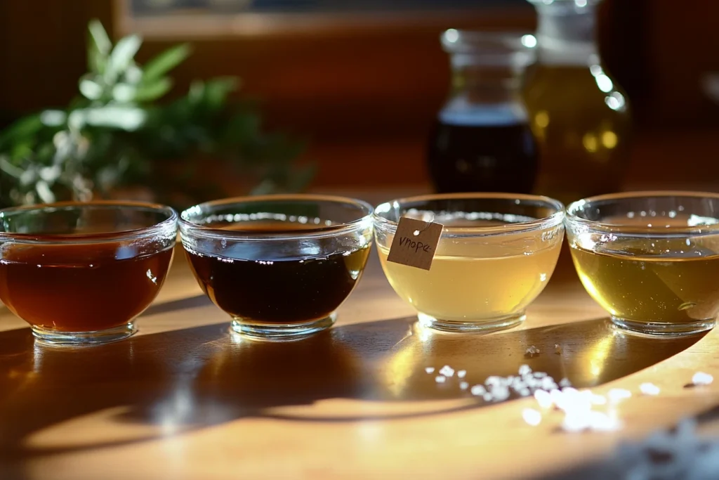 Four small glass bowls filled with different types of vinegar—white, apple cider, malt, and balsamic—on a wooden kitchen counter.