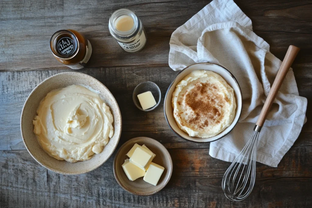 A flat-lay photo of pancake batter, brown sugar cinnamon mixture, cream cheese, vanilla extract, and butter on a rustic wooden countertop.