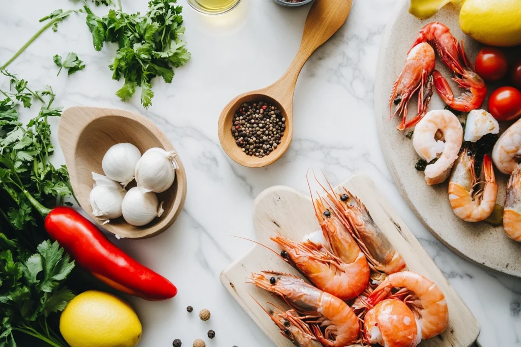 Flat-lay of fresh seafood ingredients, including shrimp, garlic, chili pepper, lemon, and spices, arranged on a marble countertop.