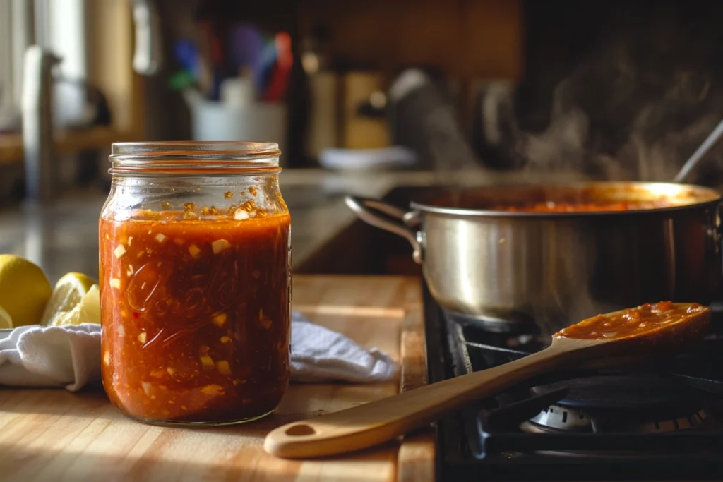 A glass jar filled with seafood boil sauce on a wooden counter, next to a steaming saucepan with reheated sauce and a wooden spoon.