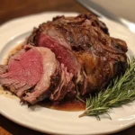 Slow cooker prime rib sliced and served on a rustic plate