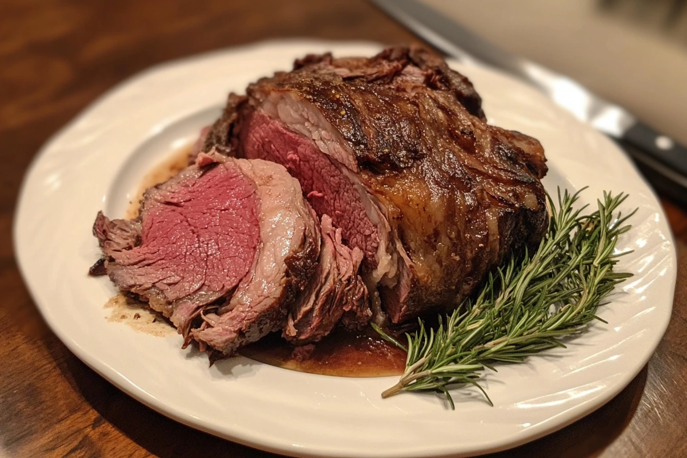 Slow cooker prime rib sliced and served on a rustic plate