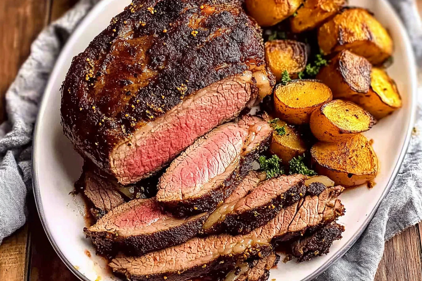 Juicy ribeye roast sliced into thick pieces, served with crispy roasted potatoes on a white plate.